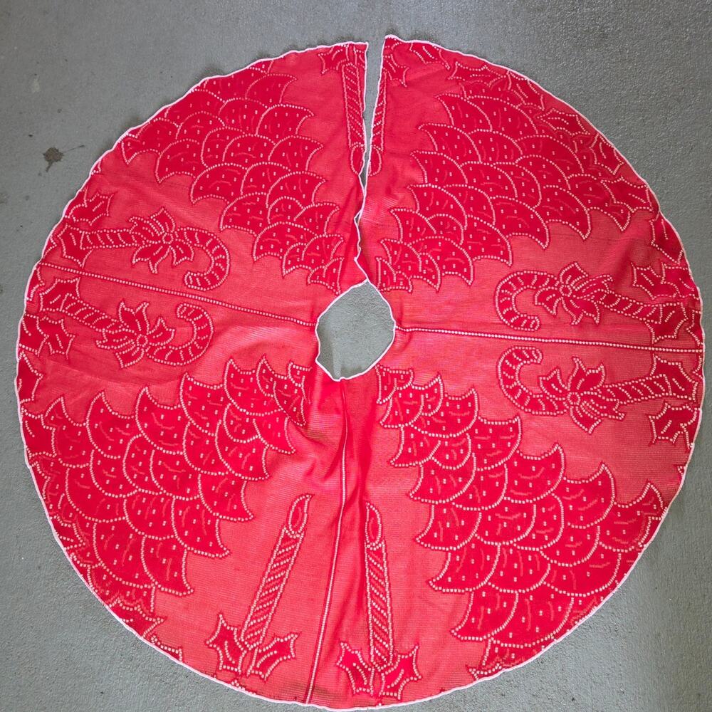 Vintage Red Lace Over White Fabric Christmas Tree Skirt
